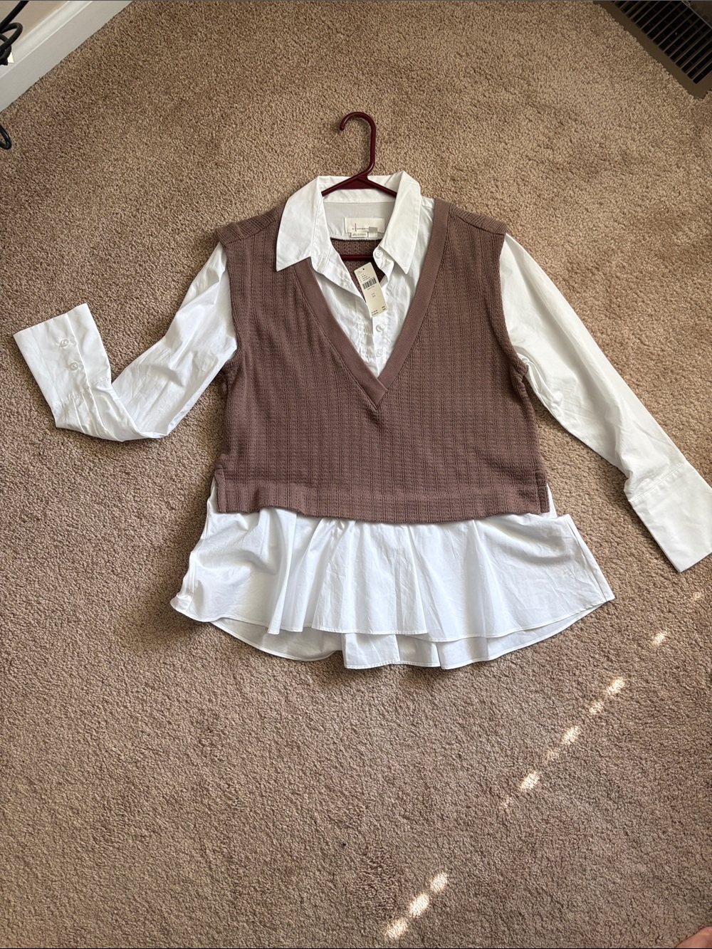 NWT Anthropologie twofer taupe sweater vest with white shirt collar top size XS